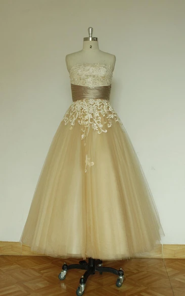 Tulle A-Line Strapless Dress With Lace Bodice and Cinched Waistband