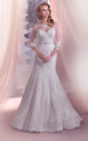 Mermaid Floor-Length Bateau-Neck Illusion-Sleeve Lace-Up Lace Dress With Beading