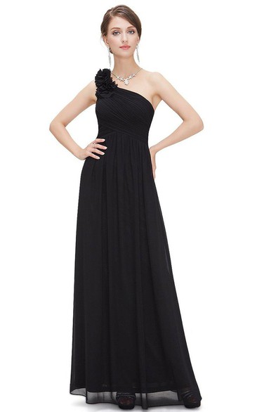 One Shoulder Ruched Chiffon Long Dress With Zipper Back