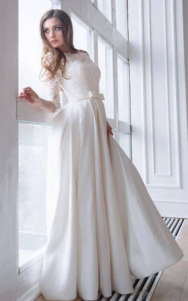 Scoop-Neck Lace 3/4 Length Sleeve A-Line Satin Wedding Dress With Corset Back