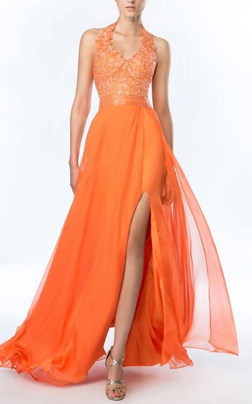 Sweet Halter A-Line Beadings Split-Front Prom Dress