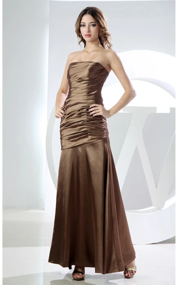 Sleeveless Ankle-Length Satin Dress With Ruched Bodice