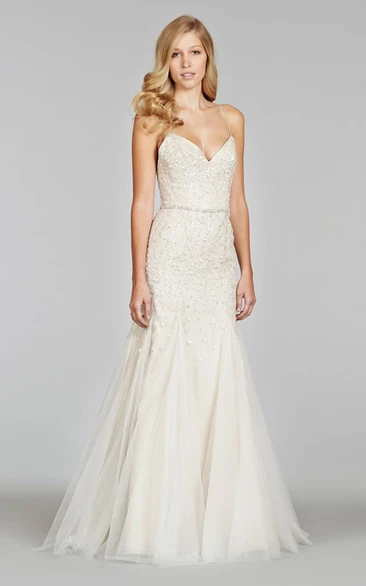 Shimmering Spaghetti Strap Tulle Gown With Sequin Embroidered Bodice