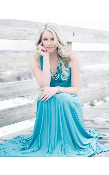 V Neck Sleeveless Pleated A-line Jersey Long Dress With Sash