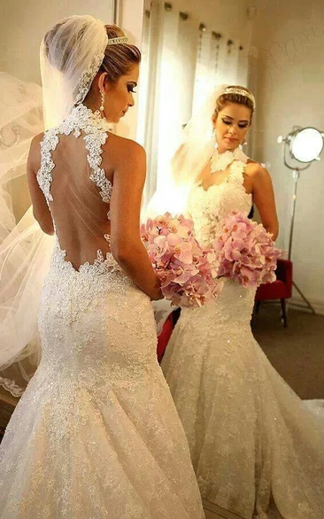 Newest High Neck Mermaid Wedding Dress Lace Appliques Court Train