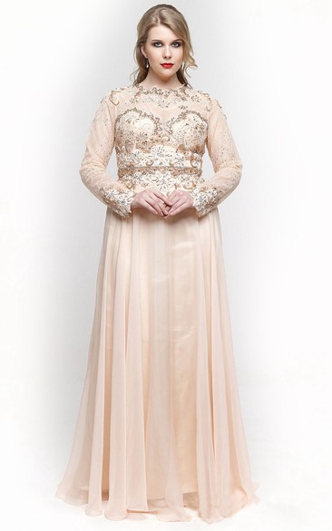 A-Line Floor-Length High-Neck Long Sleeve Chiffon Pleats Beading Zipper Dress