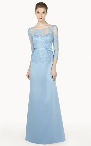 Lace Top Scoop Neck Satin Long Prom Dress With 3-4 Sleeve And Floral Satin Sash