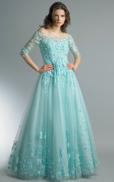 A-line Floor-length Off-the-shoulder Long Sleeve Tulle Zipper Dress