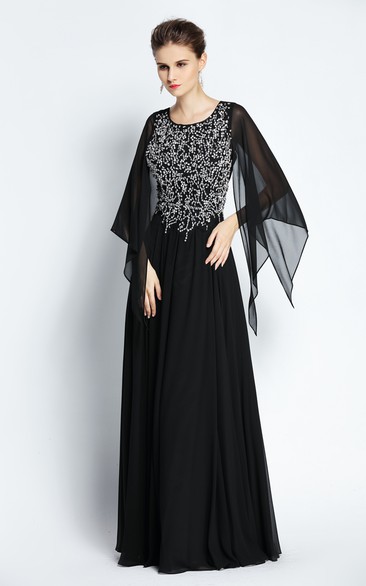 A-Line Floor-length Jewel Chiffon Long Sleeve Prom Dress with Beading and Pleats