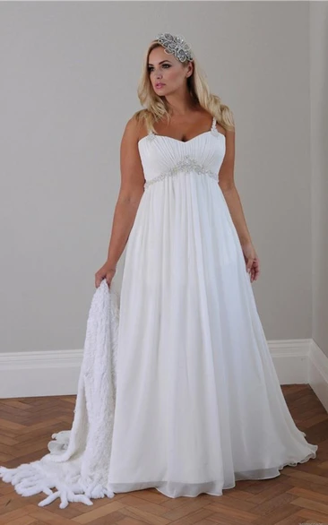 Plus Size Spaghetti Strap Crystal Beaded Chiffon Beach Wedding Gown