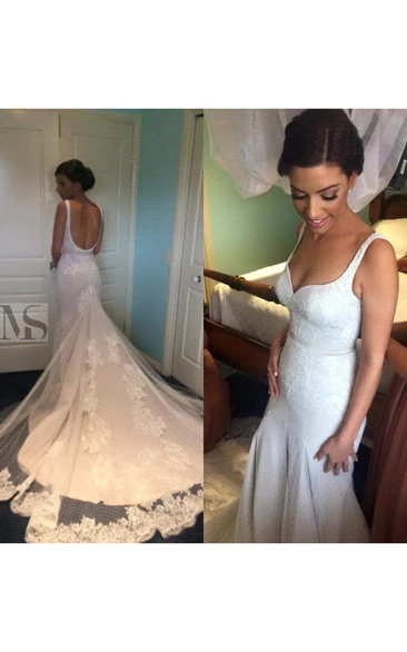 Elegant Mermaid Lace Appliques Wedding Dress Open Back Long Train