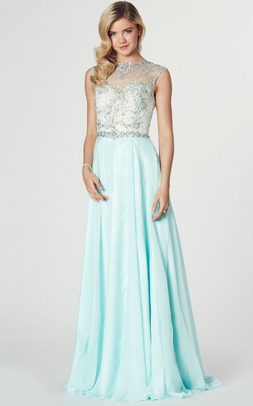 Maxi Sleeveless Beaded Jewel Neck Chiffon Prom Dress