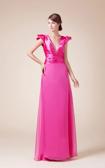 Plunged Chiffon Caped-Sleeve Dress With Ruched Waist