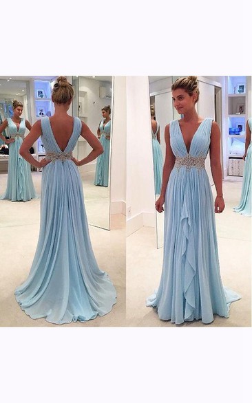 Sleeveless V-neck Long Chiffon Ruffled Dress with V-back