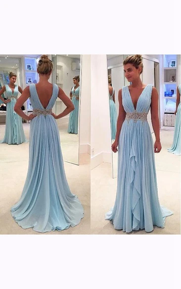 Sleeveless V-neck Long Chiffon Ruffled Dress with V-back