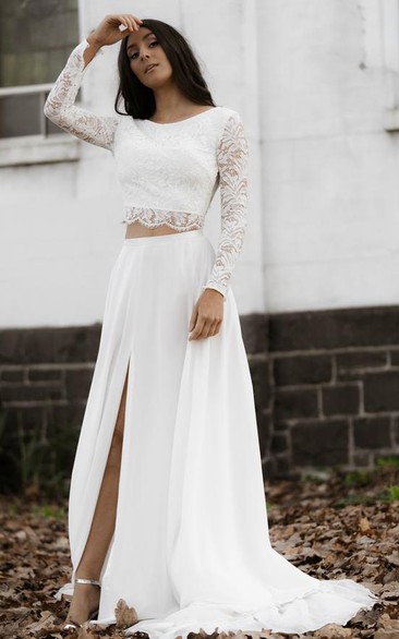 Bohemian Bateau Chiffon Lace Two Piece Long Sleeve Sweep Train Wedding Dress with Split Front