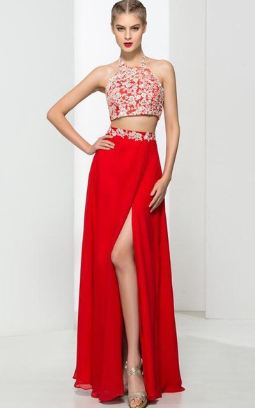 Halter Two Pieces Appliques Sequins Prom Dress