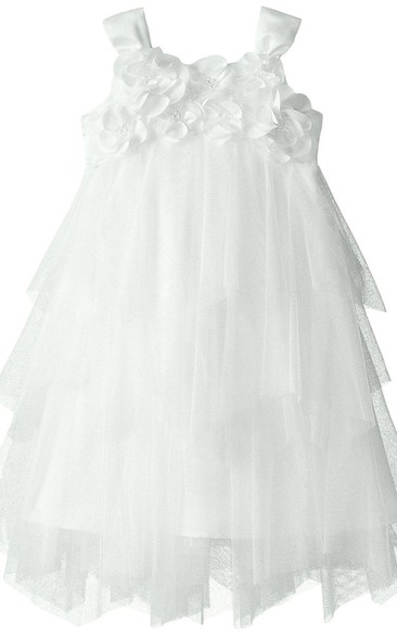 Sleeveless A-line Tulle Dress With Flowers and Bow