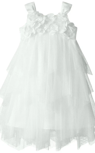 Sleeveless A-line Tulle Dress With Flowers and Bow