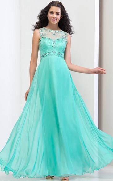Sheer Neck Sequins Beading Open Back Prom Dresss