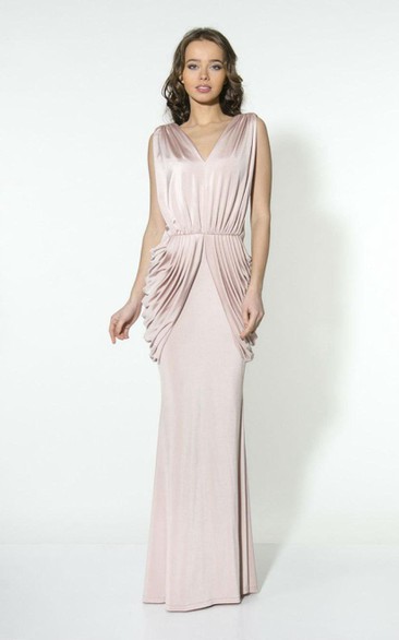 V Neck Sleeveless Sheath Charmeuse Floor Length Dress