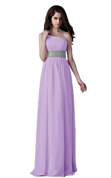 One-shoulder Pleated Chiffon A-line Gown With Beaded Band