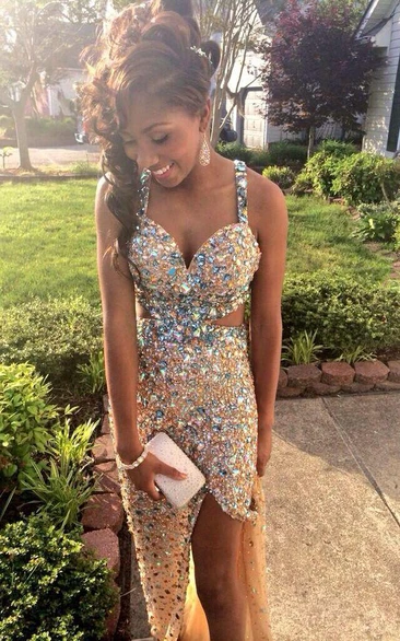 Split Beadings Sexy Prom Dress Stunning Crystal Straps and Front