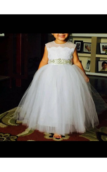 Flower Girl Sleeveless Tulle Ball Gown With Beading Sash