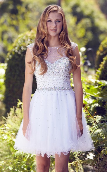 A-Line Short Bateau Cap-Sleeve Tulle Keyhole Dress With Beading