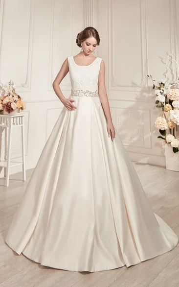 A-Line Floor-Length Scoop-Neck Sleeveless Low-V-Back Satin Dress With Beading