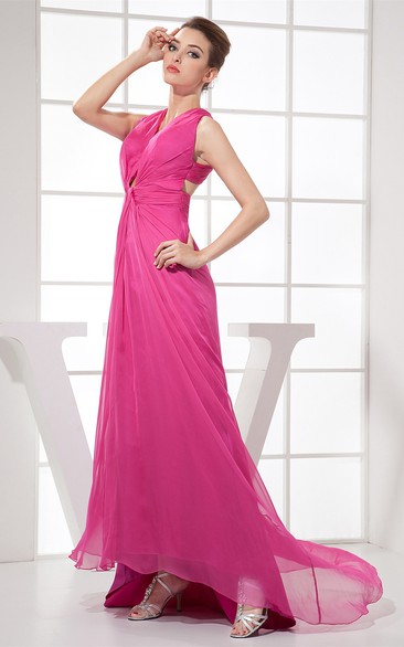 Plunged High-Low Chiffon Sleeveless Dress With Central Ruching