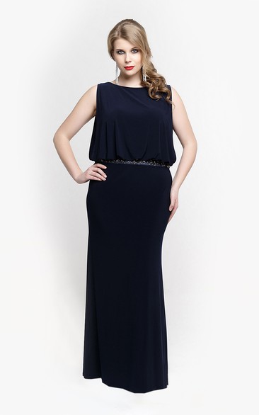 Bateau Sleeveless Sheath Jersey Long Dress With Blouson Bodice