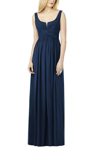 Square Neck Strapped Long Bridesmaid Dress with Ruching