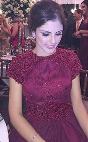 Elegant Beadings Chiffon Prom Dress Cap Sleeve