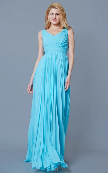 Sleeveless V Neck Pleated Long Chiffon Dress