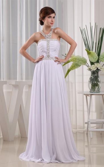 Sleeveless High Neck Ruched Dress With Pleats and Crystal Detailings