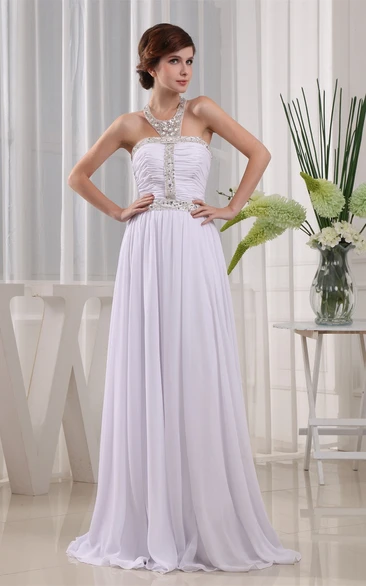Sleeveless High Neck Ruched Dress With Pleats and Crystal Detailings