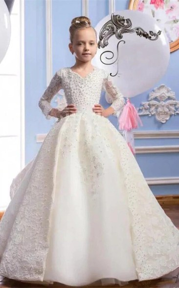 Satin V-neck Beading Ball Gown Flower Girl Dress with Tiers