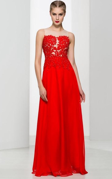 A-Line Appliques Beading Long Prom Dress