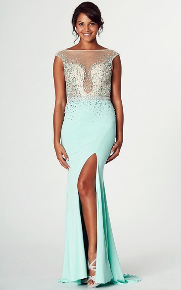 Sleeveless Beaded Bateau Neck Jersey Prom Dress