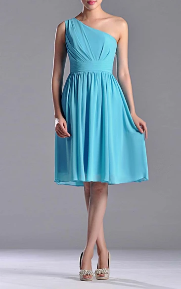 Knee-length One-shoulder A-line Pleated Chiffon Bridesmaid Dress