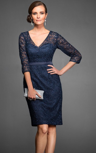 3-4 Sleeved V-Neck Knee-Length Lace Sheath Mother Of The Bride Dress With Illusion Detail