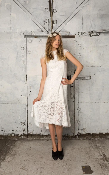 Cap Sleeve Column Tea Length Lace Gown With Pleats