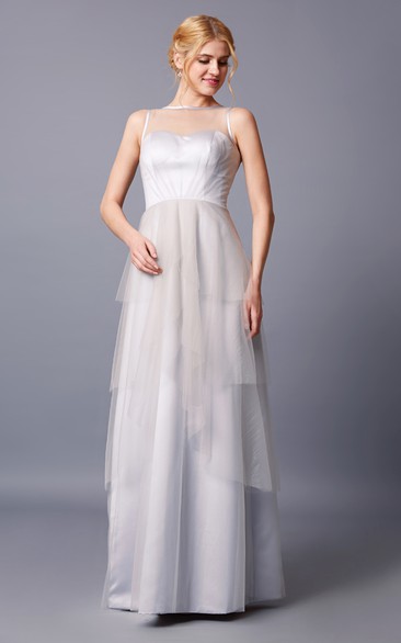 Dazzling Sleeveless Tiered Tulle Gown With Sheer Neck