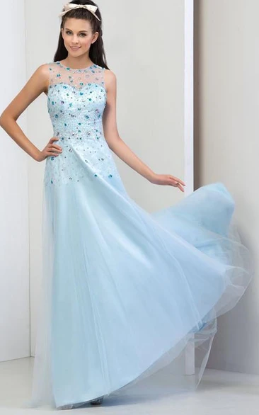 Sheer Neck Beaded Sequins Open Back Prom Dress