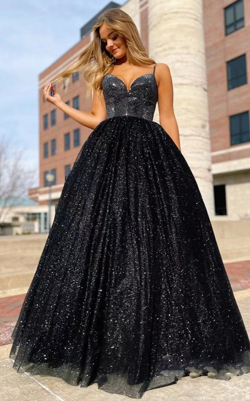 Sexy Ball Gown Sequins Floor-length Sleeveless Open Back Evening Dress