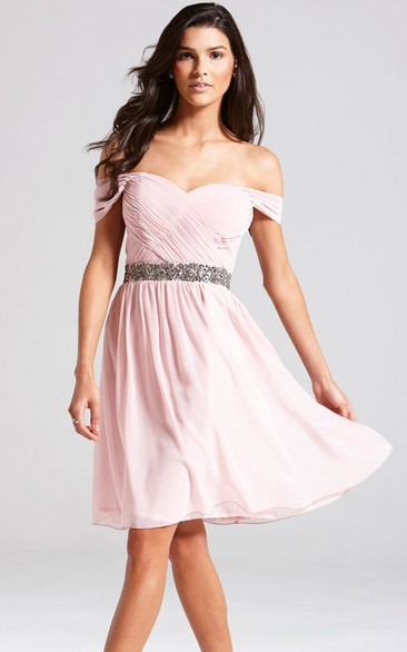 Delicate Off-The-Shoulder A-Line Dress With Beaded Sash