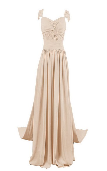 Sleeveless Long Chiffon Gown With Pearled Shoulders