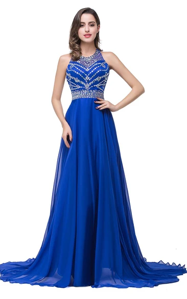 Newest Royal Blue Chiffon Prom Dress A-line Beadings Sweep Train