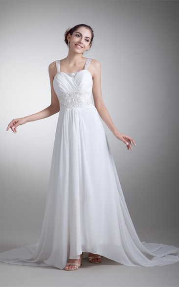 Strapped A-Line Long Chiffon Dress With Lace